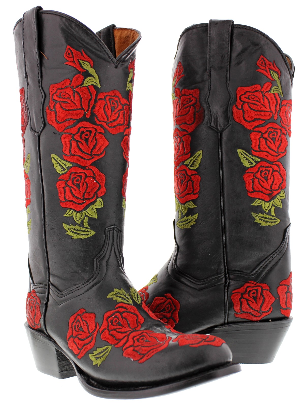 Womens black red embroidered western leather cowboy cowgirl boots ...