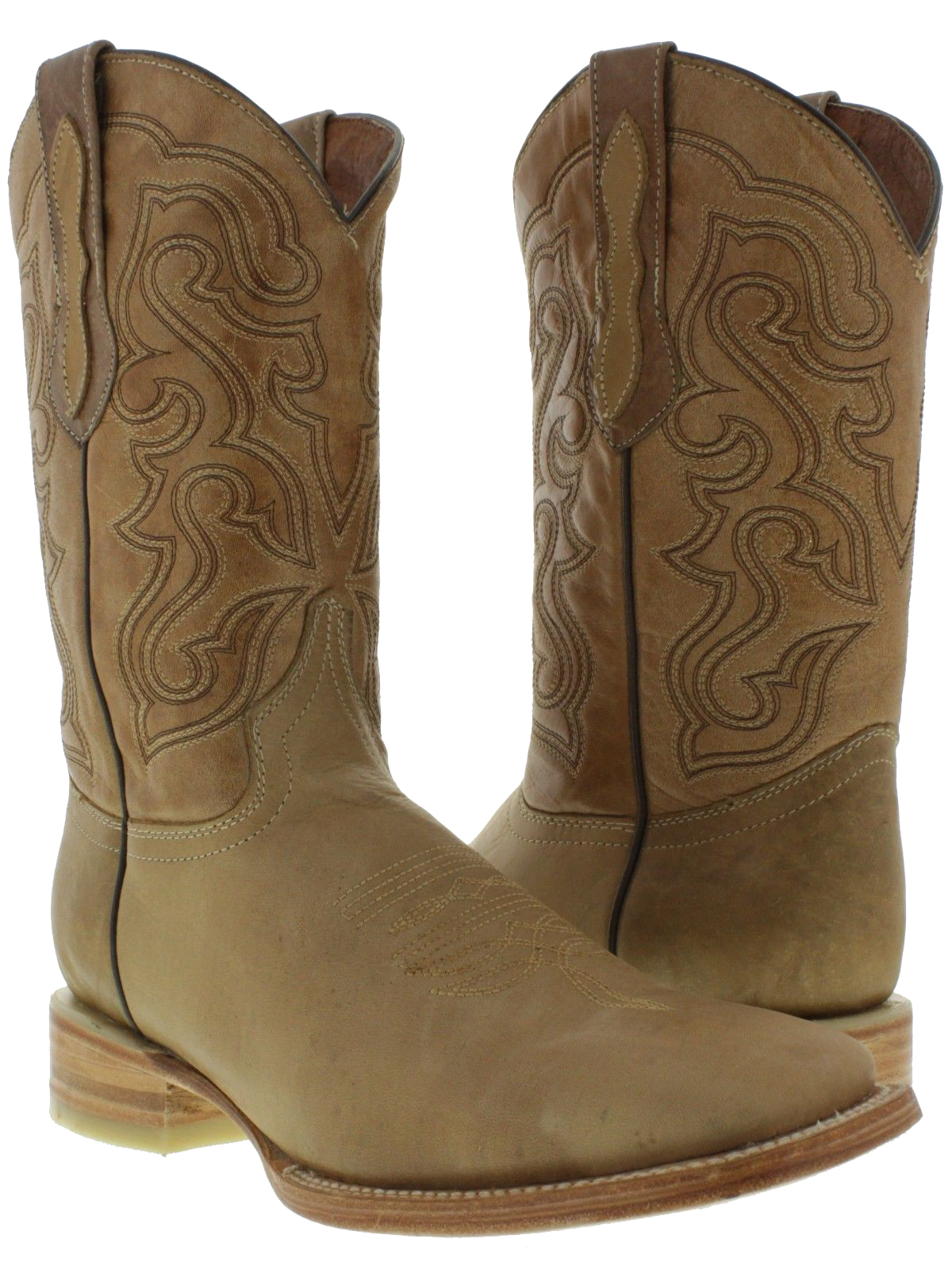 mens sand beige leather cowboy boots rodeo square work western comfort new