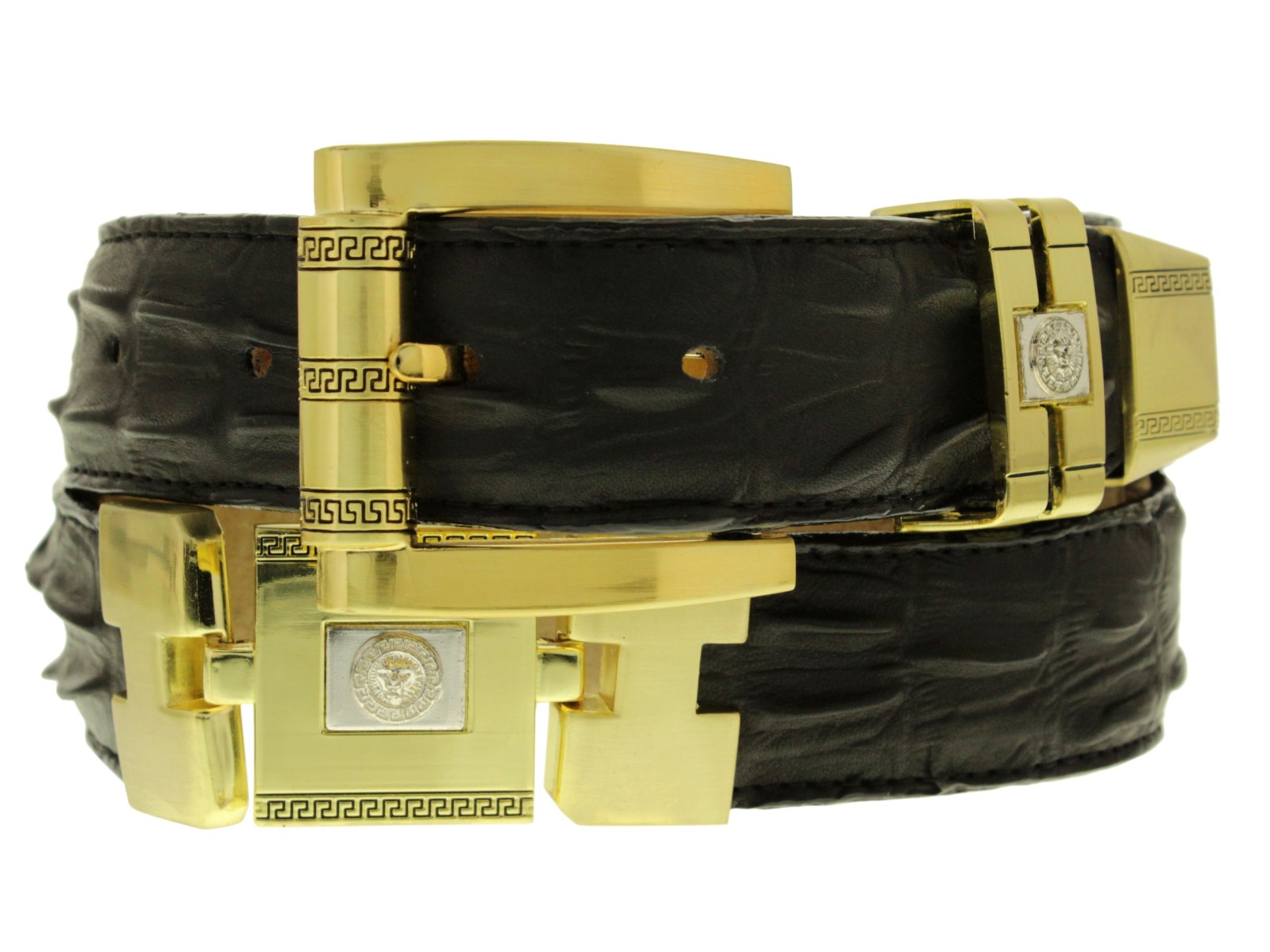 Black Leather Crocodile Alligator Tail Design Gold Western Cowboy Belt