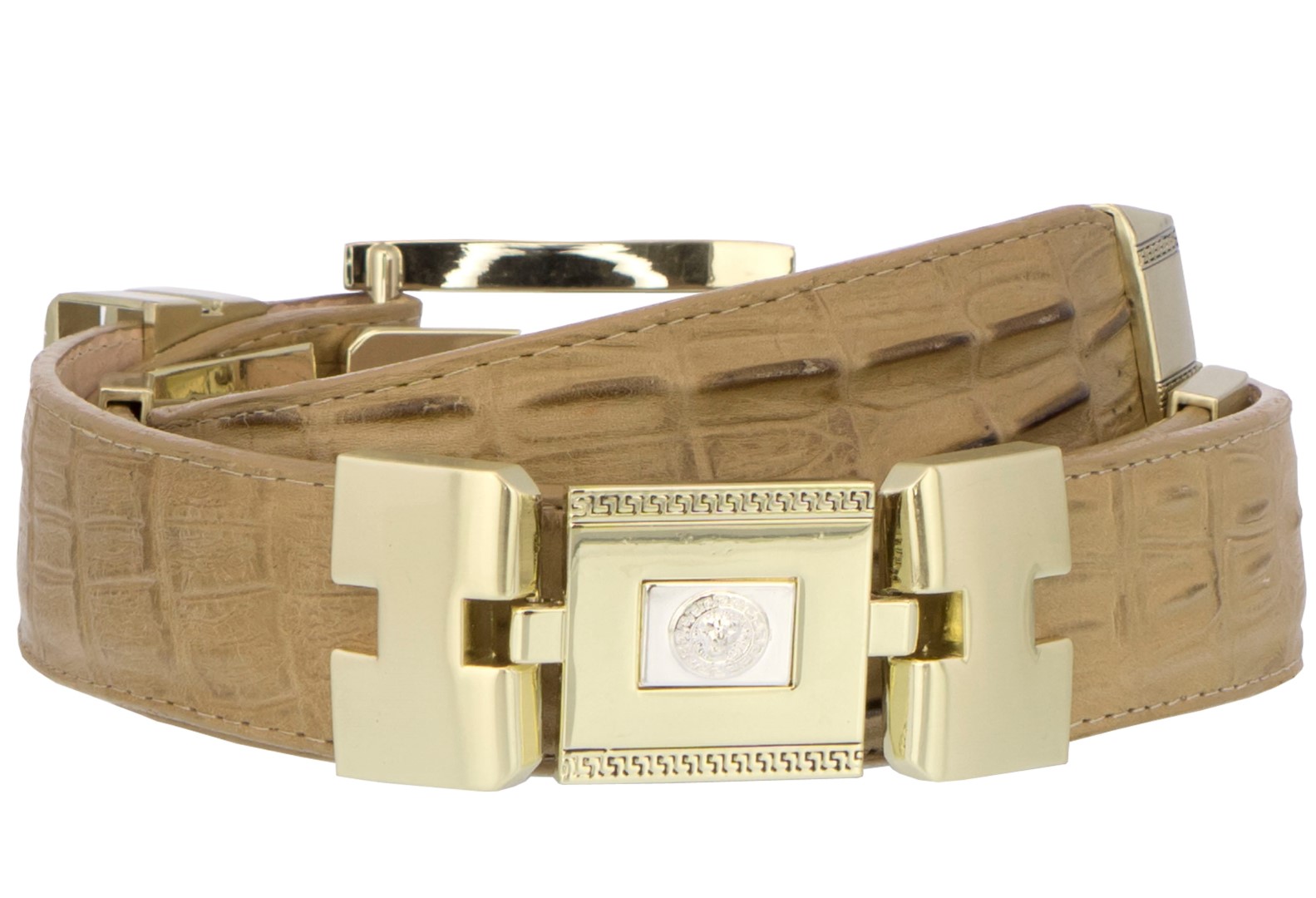 Mens Cowboy Belt White Crocodile Tail Print Leather Gold Links Rodeo Dress