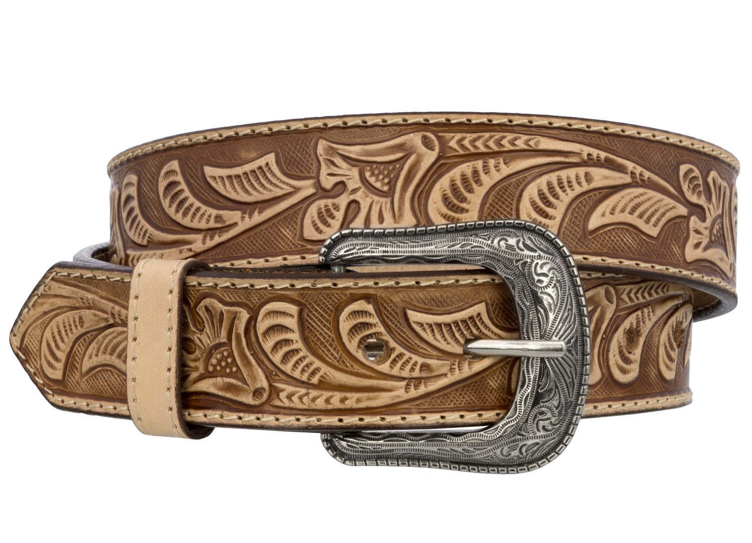 Mens Tan Floral Tooled Western Belt Cowboy Rodeo Genuine Leather Cinto