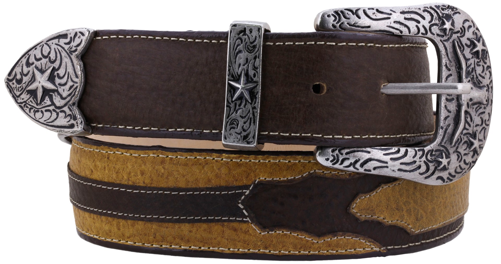 Western Cowboy Belt Genuine Grain Leather Overlay Silver Buckle Honey ...