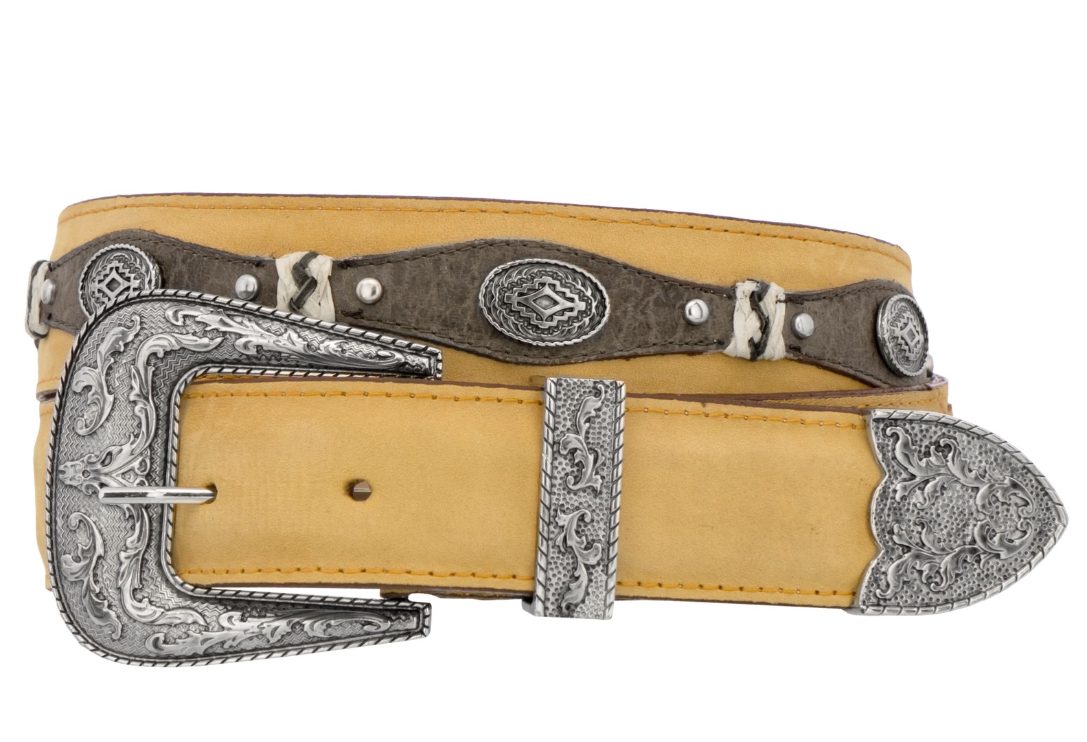 Mens-Concho-Western-Belt-Genuine-Leather-Cowboy-Silver-Studs-Buckle-Sand