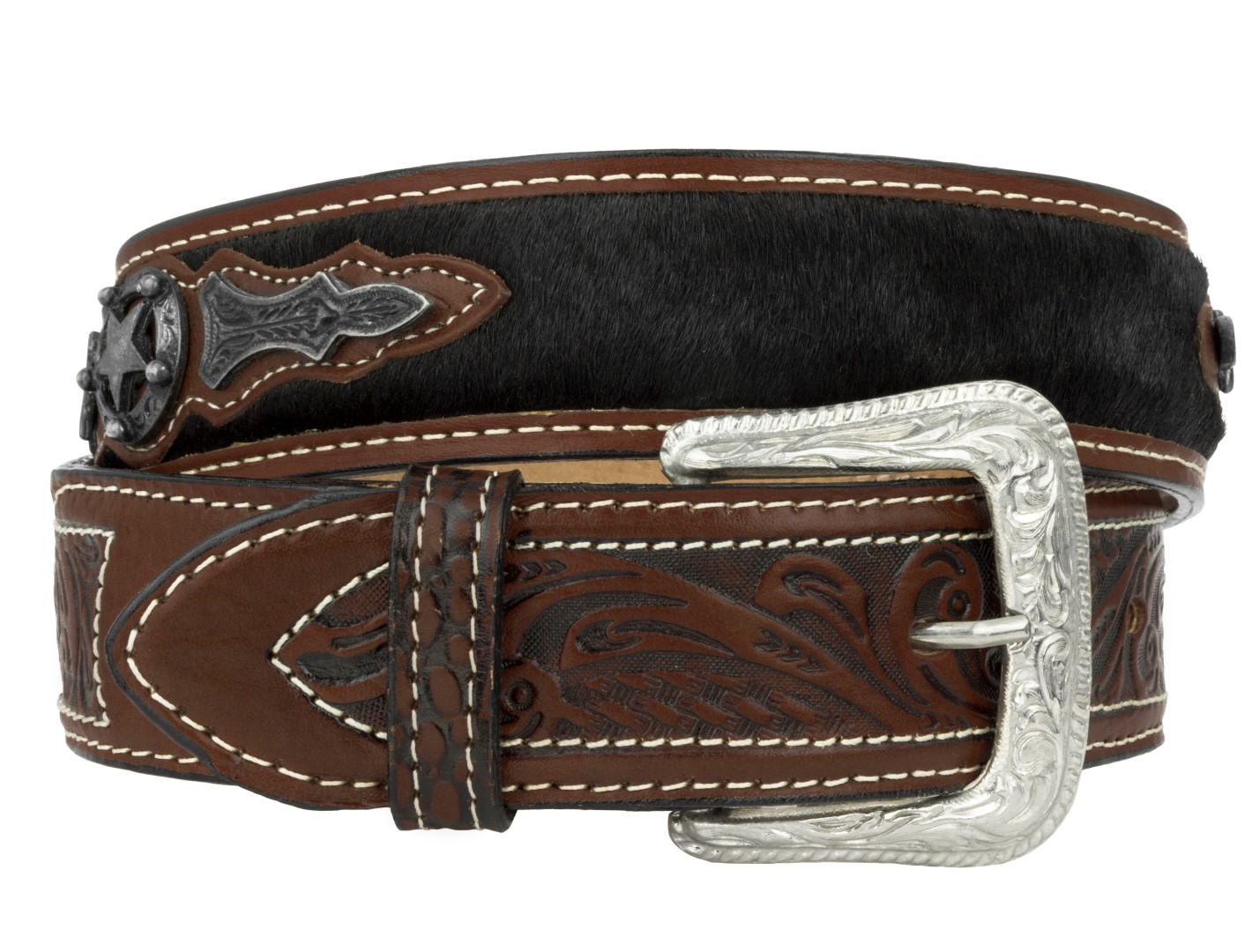 Mens Brown Western Cowboy Belt Ranger Concho White Cow Hair Pattern ...