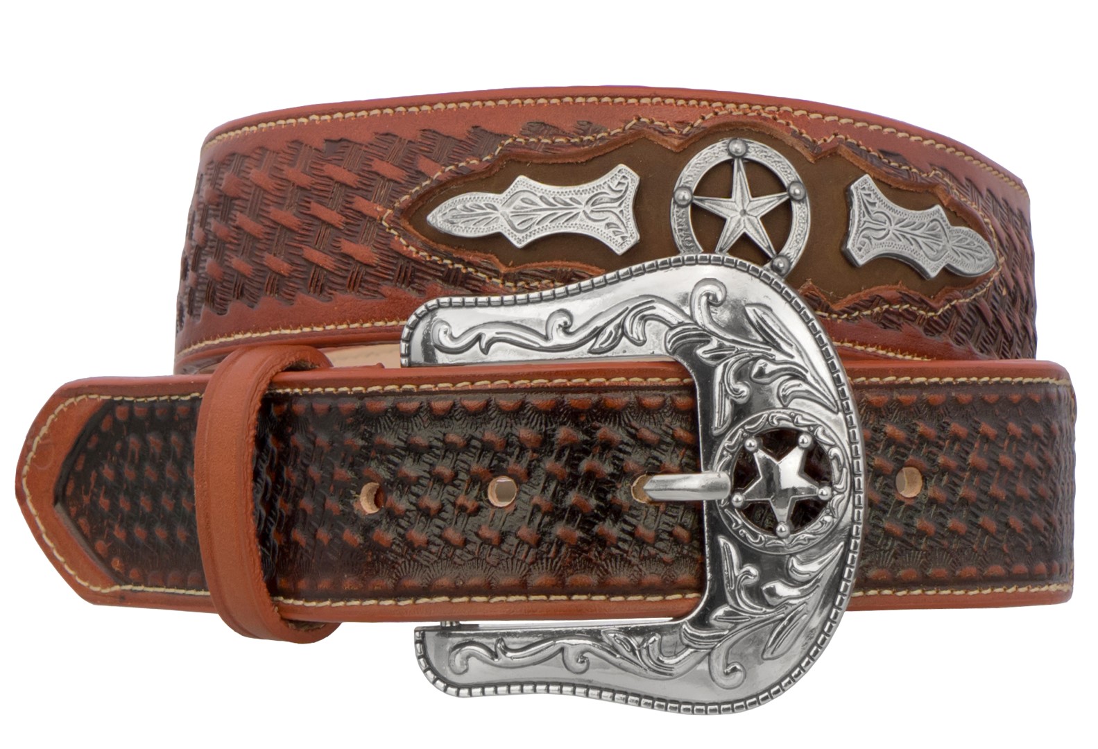 Mens Cognac Western Cowboy Belt Ranger Star Tooled Real Leather Honey ...