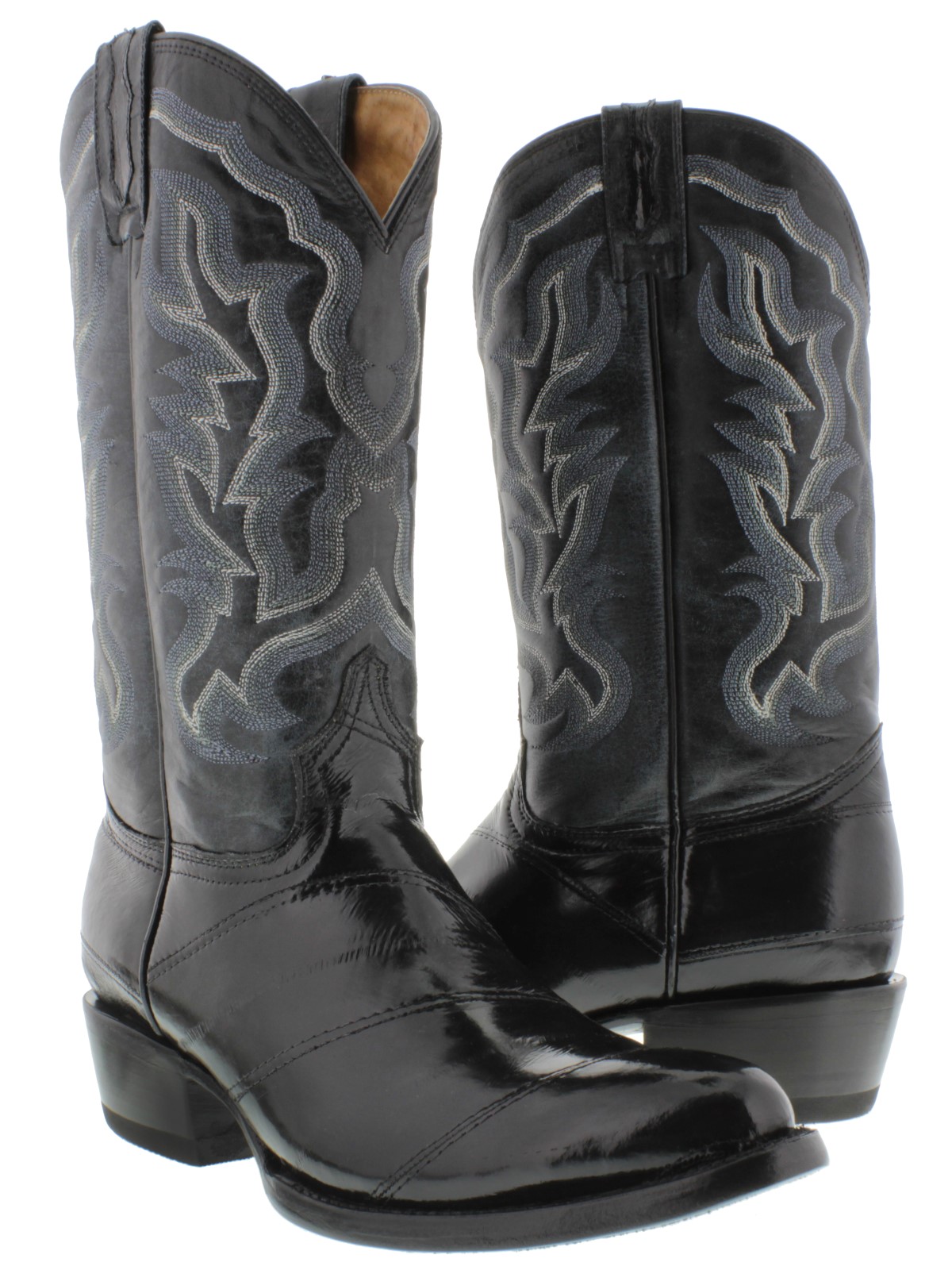 mens genuine EEL skin shiny black leather western cowboy boots rodeo ...