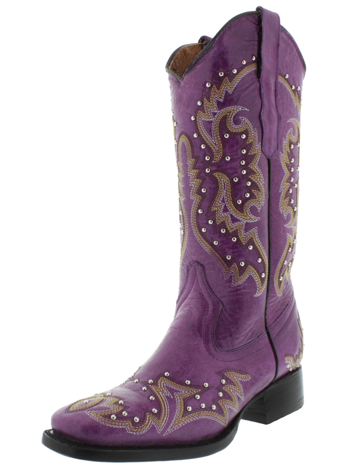 Womens Purple Cowgirl Boots Silver Studded Real Embroidery Leather ...