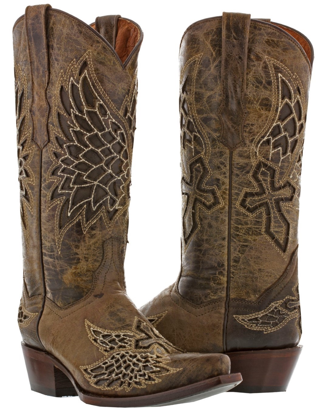 Womens Inlay Angel Wings Cross Leather Cowboy Boots Distressed Snip Toe