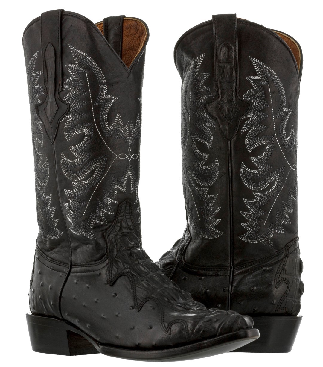 Mens Black Crocodile Ostrich Pattern Western Wear Leather Cowboy Boots