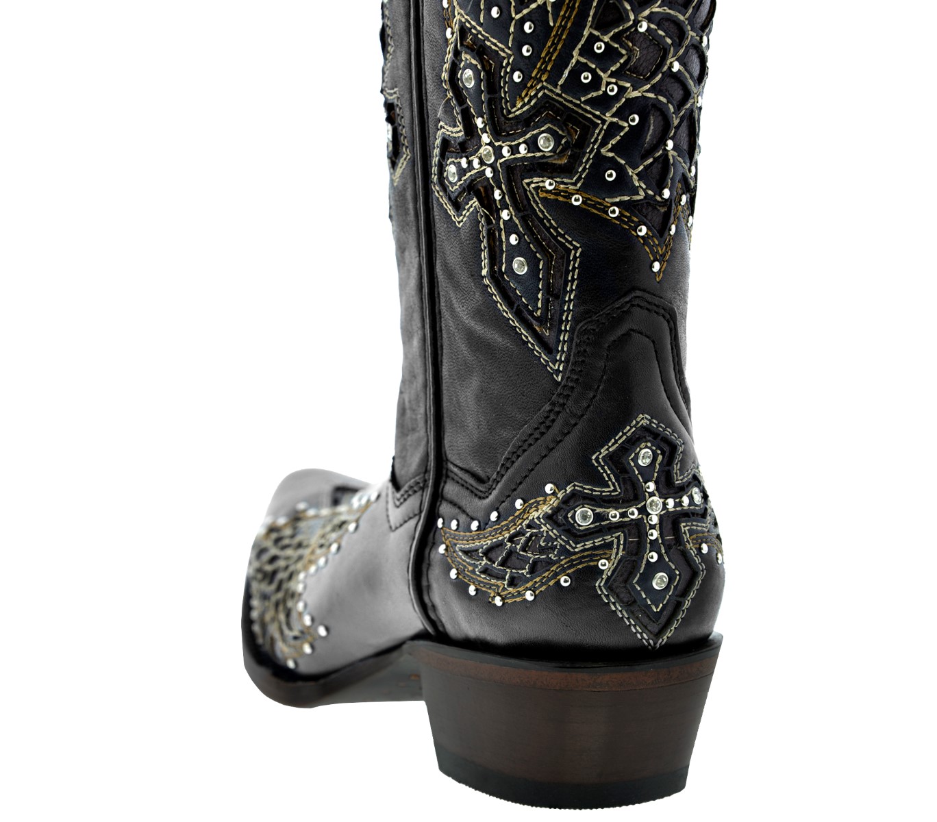 Womens Black Cross Wings Studded Rhinestone Cowboy Boots Real Leather ...