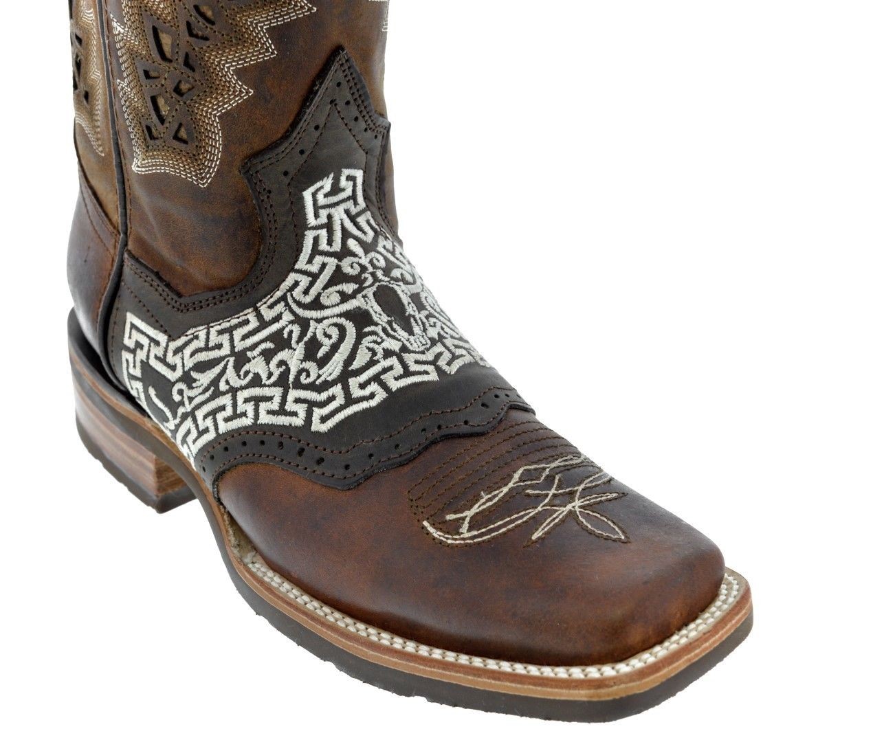 Mens Chocolate Brown Inlay Leather Cowboy Boots Bull Head Western