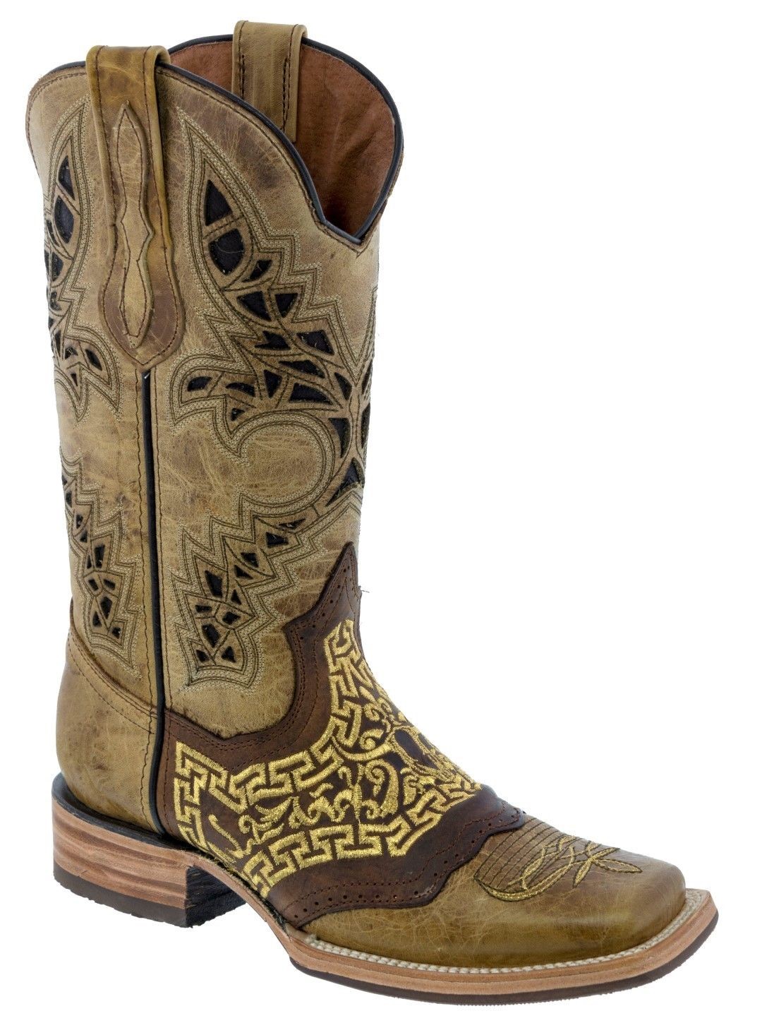 Mens Beige Leather Cowboy Boots Bull Head Embroidery Western Wear ...