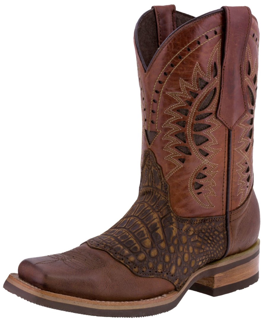 Mens Cognac Alligator Back Print Leather Cowboy Boots Square Toe Texas Legacy