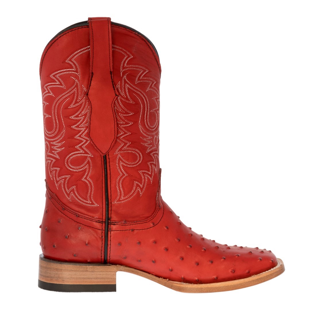 Mens Red Cowboy Boots Real Leather Pattern Ostrich Quill Western Square Toe