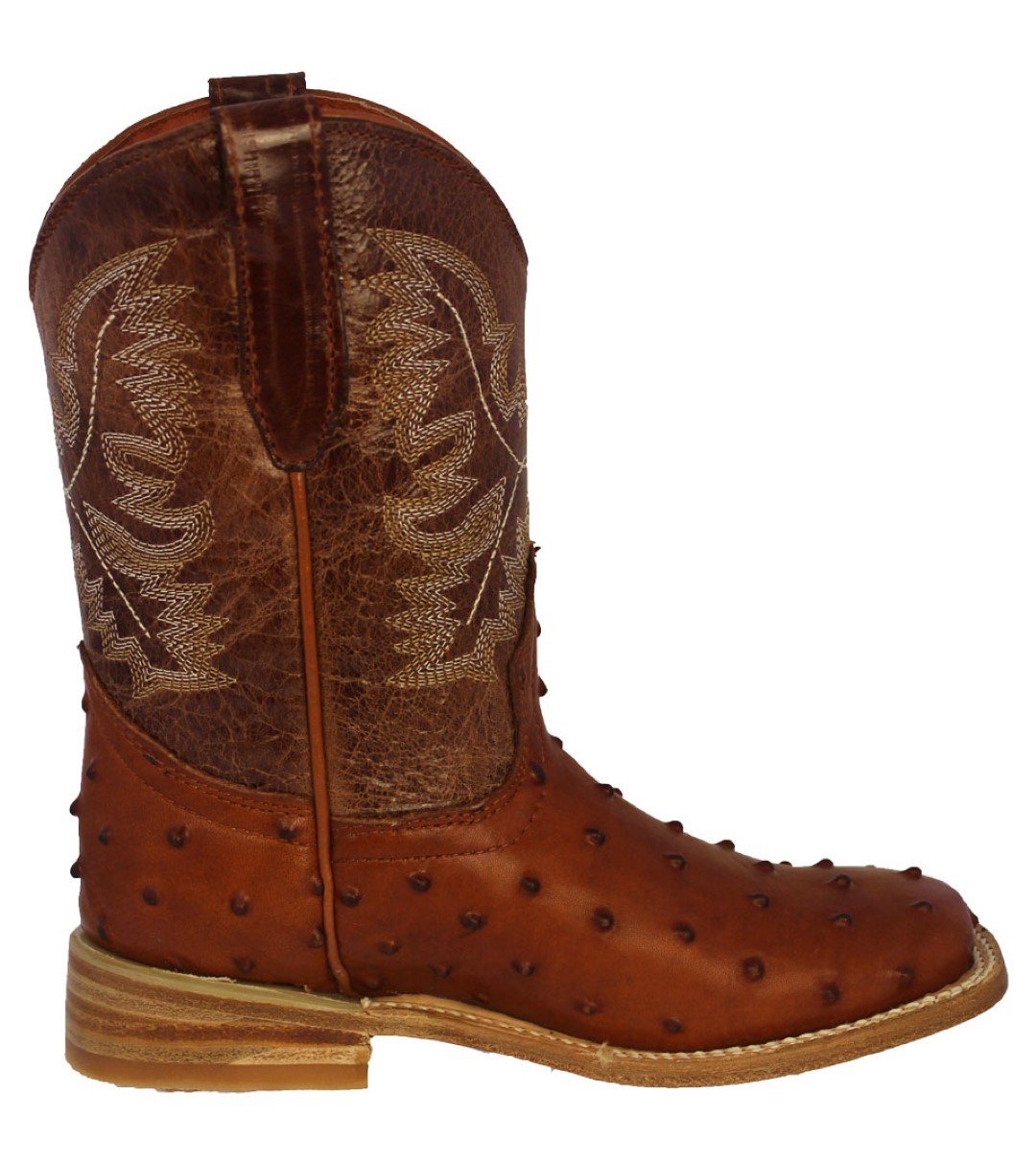 Kids Toddler Brown Ostrich Quill Cowboy Boots Print Leather Square Toe 
