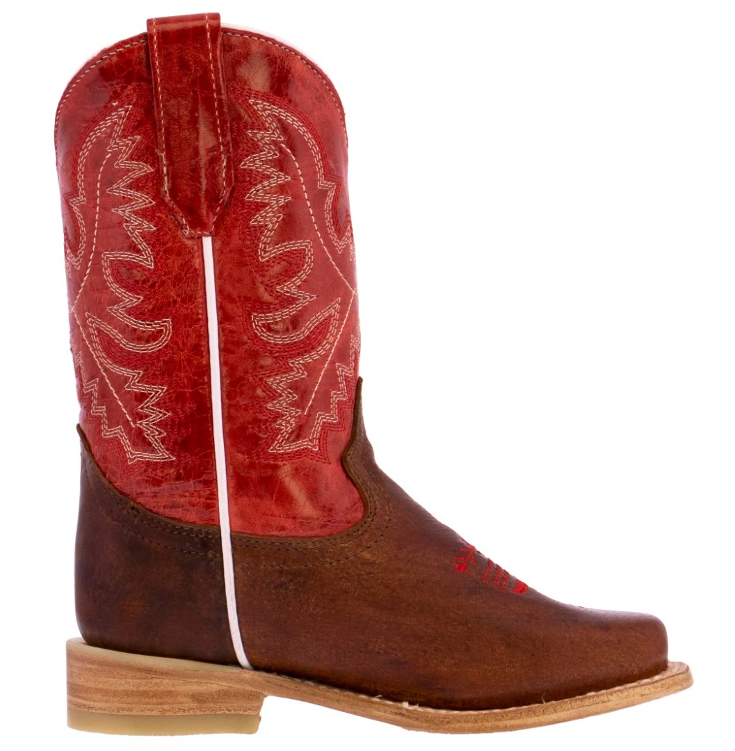Kids Western Cowboy Boots Red Genuine Leather Square Toe Botas Rancho