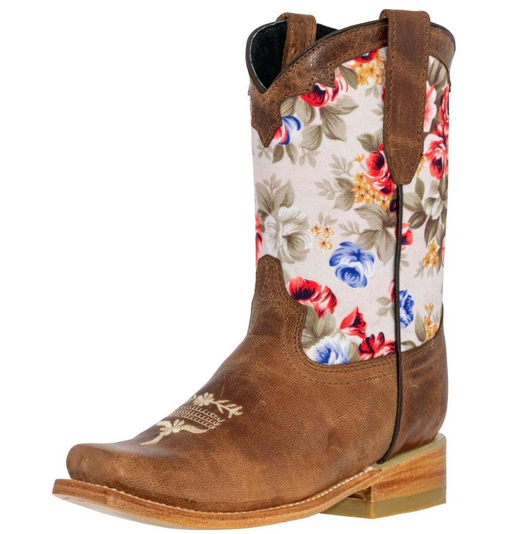 Girls Kids Light Brown Flower Embroidered Cowboy Boots Snip Toe Veretta