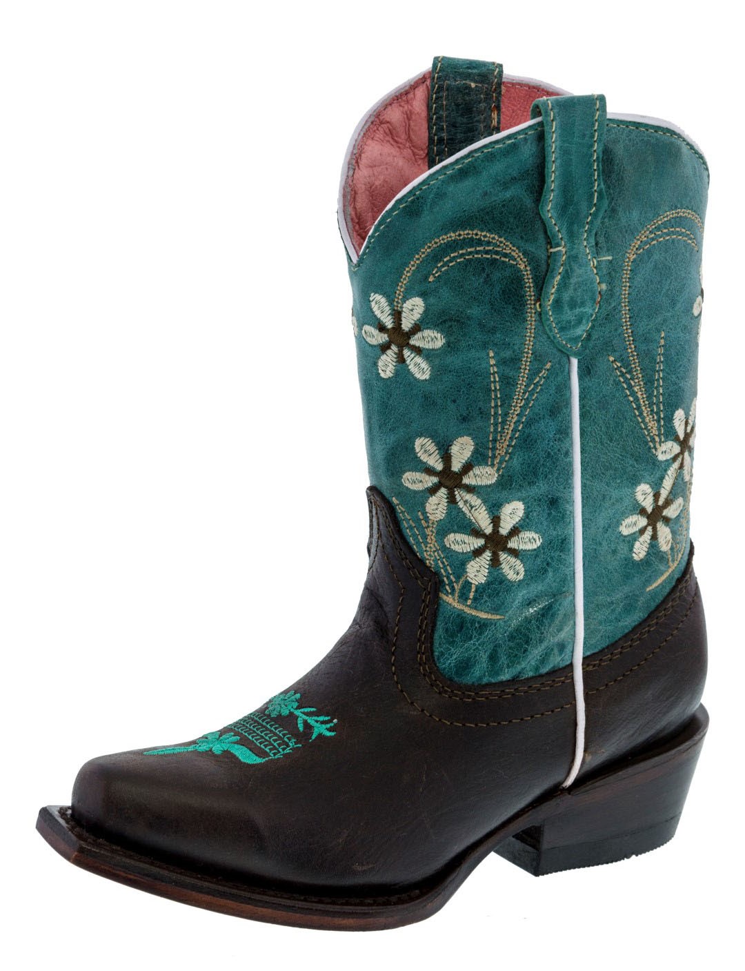 Girls Teal Dark Brown Flower Embroidered Cowgirl Leather Boots