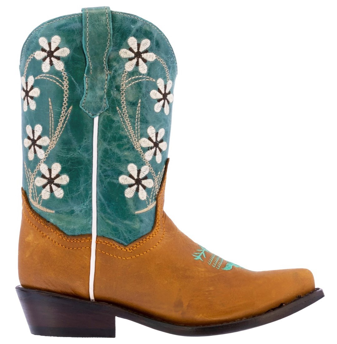 Kids Western Boots Flower Embroidered Leather Teal Snip Toe Botas ...