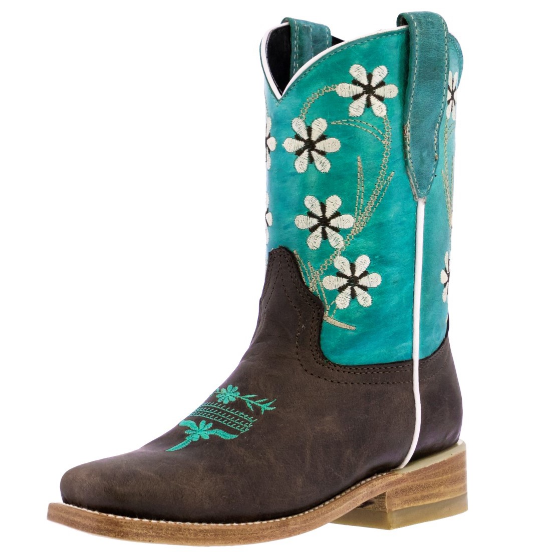 Kids Western Cowboy Boots Teal Brown Floral Embroidery Leather Square ...