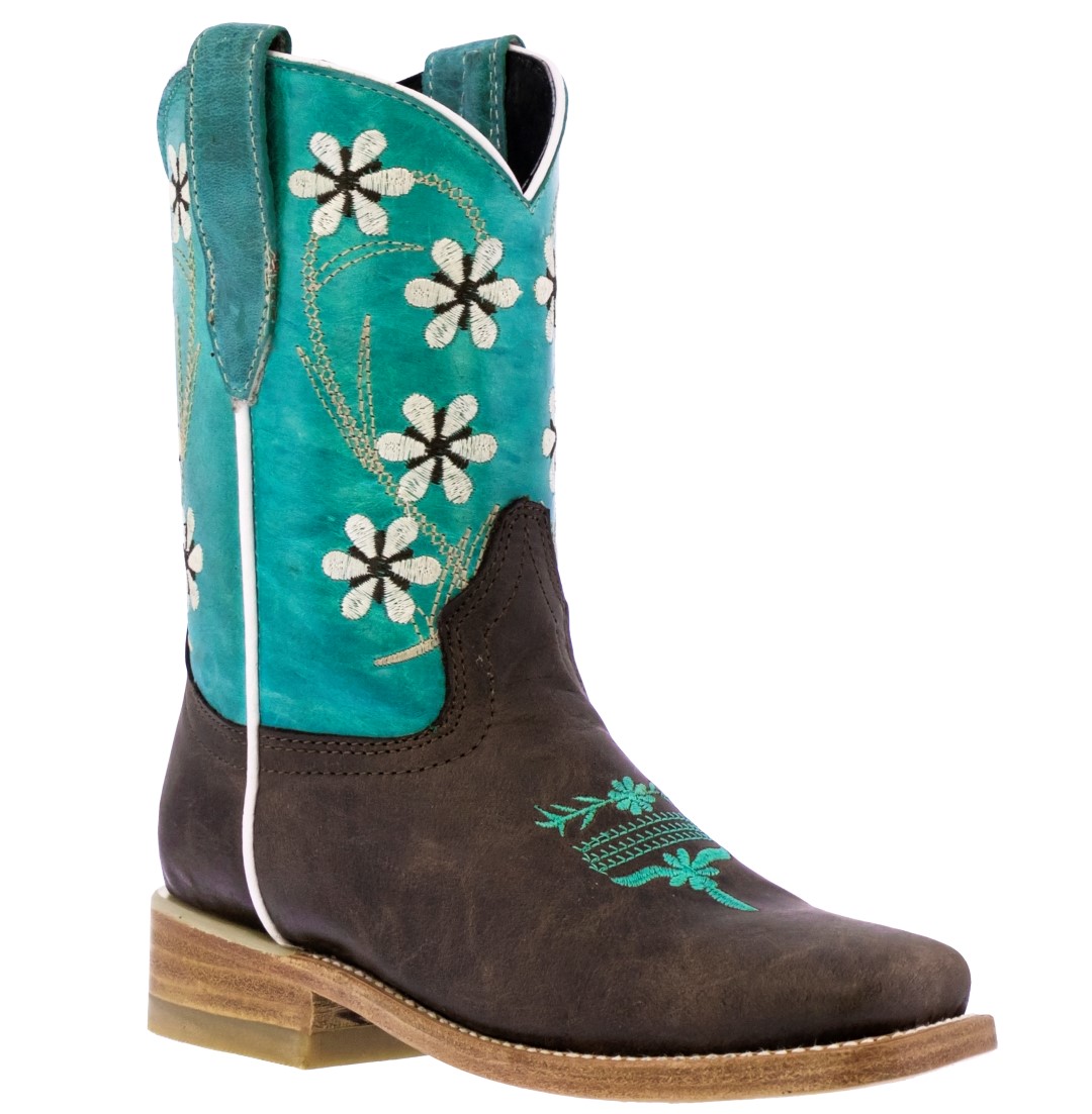 Kids Western Cowboy Boots Teal Brown Floral Embroidery Leather Square ...