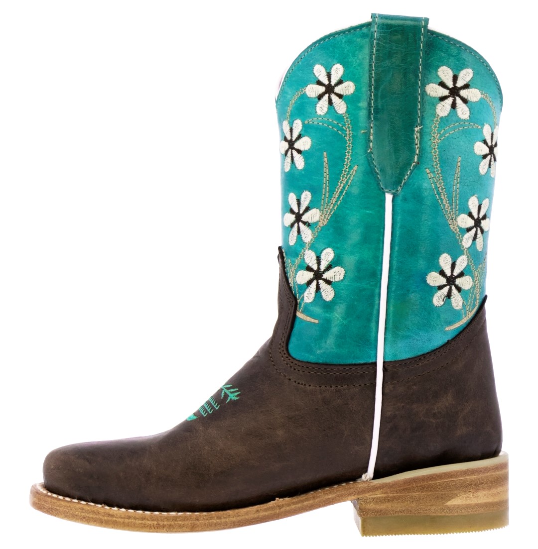Kids Western Cowboy Boots Teal Brown Floral Embroidery Leather Square